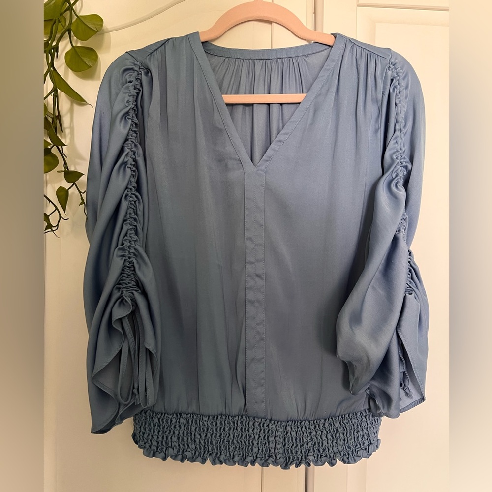 Blue ruched sleeve puff blouse
